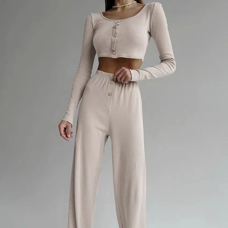 2023 Pajamas Sets 2-piece Long Sleeve Long Pants Knitted Sexy Fashion Outer Loungewear Set Women Sleepwear Clothes for Women