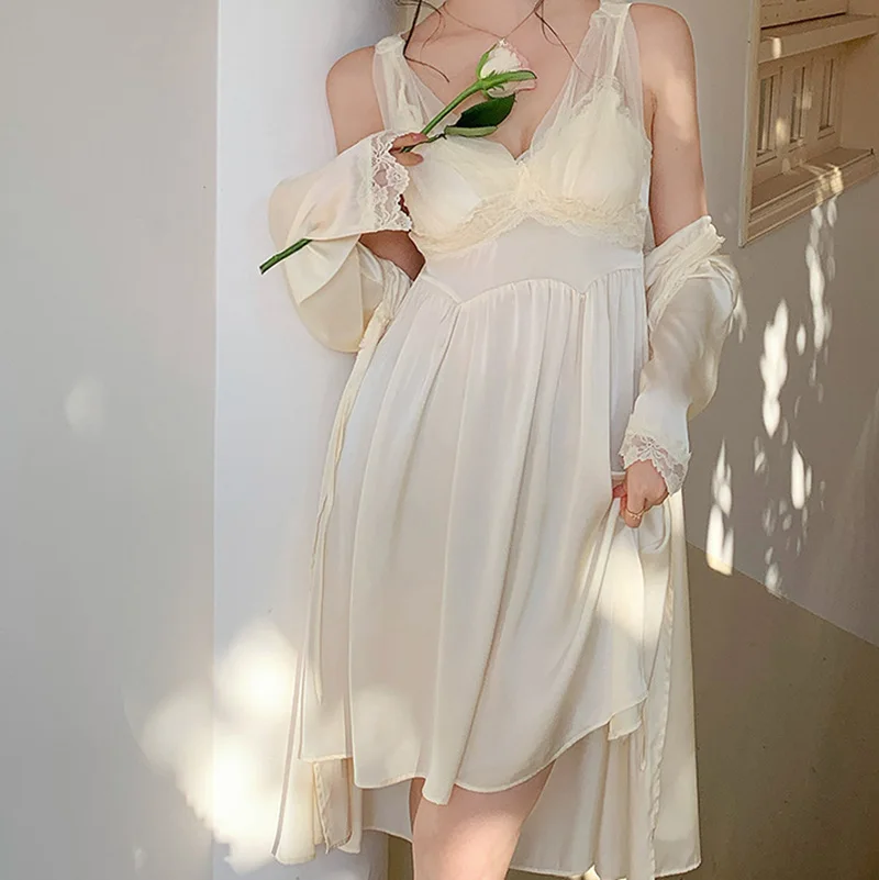 French Nightgown Sexy Dress for Women with Chest Cushion Summer Satin Suspender Lace Pure Home Clothes Robe Nightwear