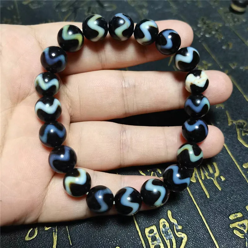 Fine Water Wave Dzi Beads Bracelet 10mm Natural Agate Ji Powerful Amulet Collectible High Quality