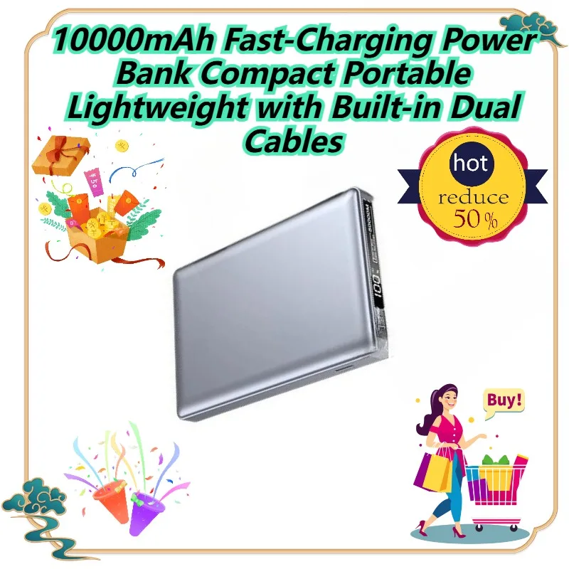 

10000mAh Fast-Charging Power Bank Compact Portable Lightweight with Built-in Dual Cables