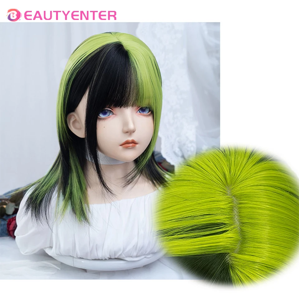 BEAUTYENTER Synthetic Short Black Green Mix Women Straight Wigs with Bangs Lolita Cosplay Natural Hair Wig for Daily Party