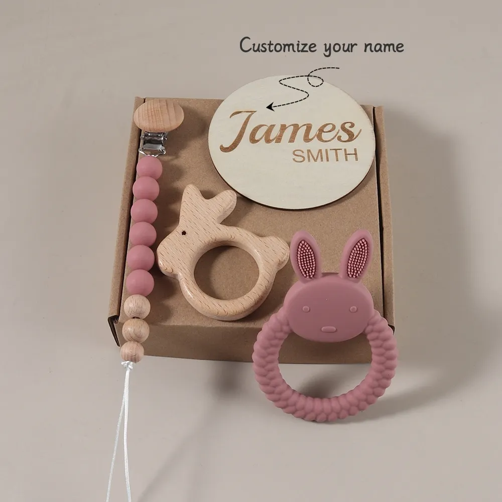 Personalized Newborn Baby bunny teether Set baby essentials pacifier chain milestone gift set