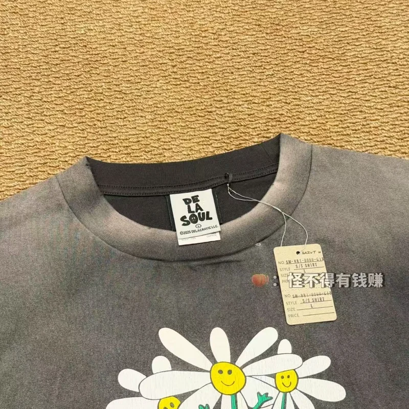 Authentic SAINT Plant-Print Washed Tee Black Hip-Hop Retro Casual Cotton Unisex Seamless T-Shirt