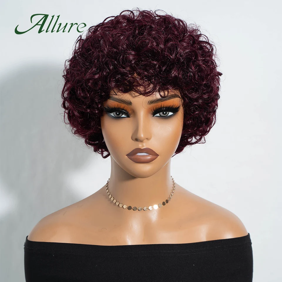Jerry Curly Human Hair Wigs for Black Women 10 inch Short Pixie Afro Kinky Curly Wig With Bangs Brown Colored Hair Wigs Allure - Image 4