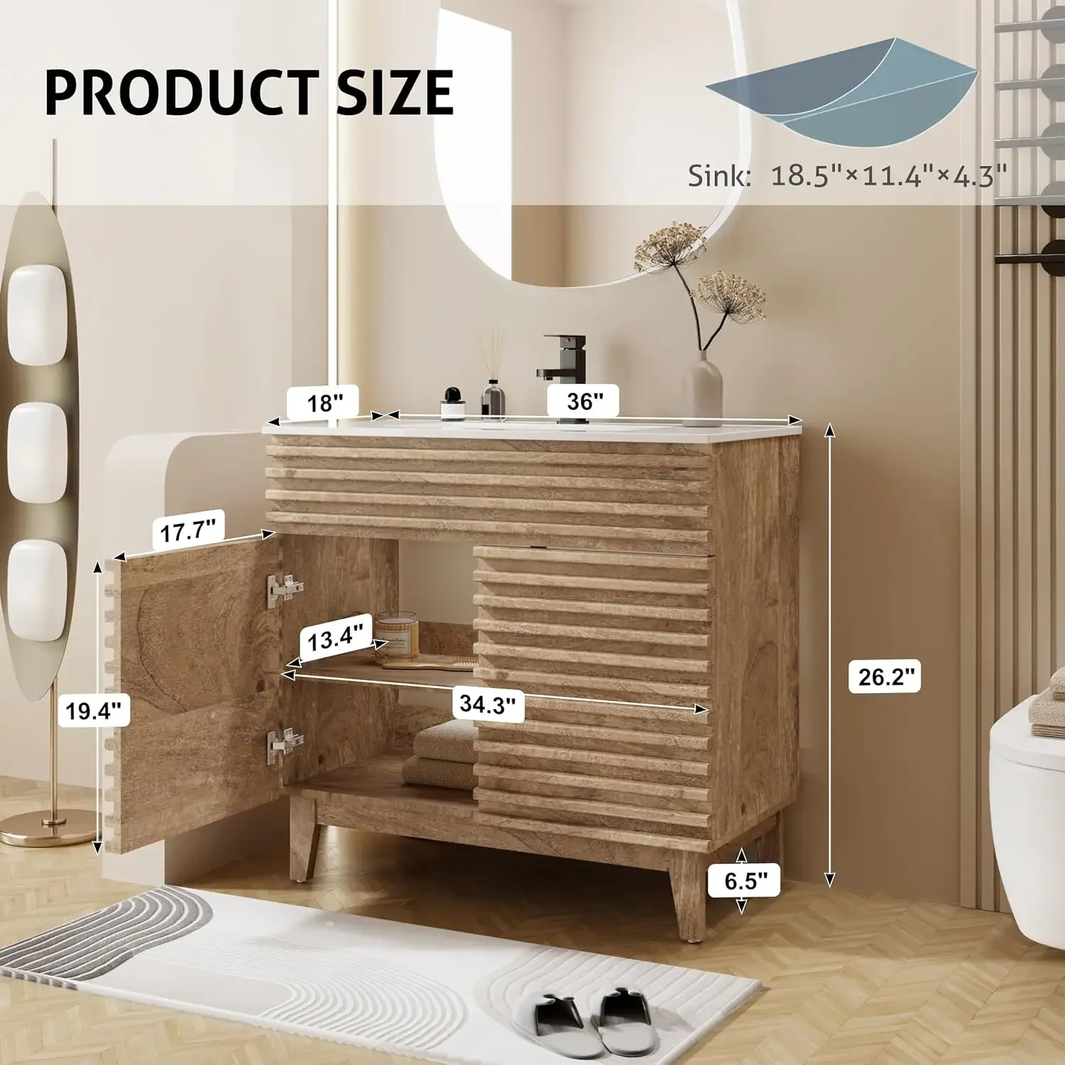 [عرض لفترة محدودة، اشترِ الآن! ] خزانة حمام مقاس 36 بوصة مع مجموعة حوض خزانة قائمة بذاتها في منتصف القرن مع ديكور مخطط خشبية، Adju