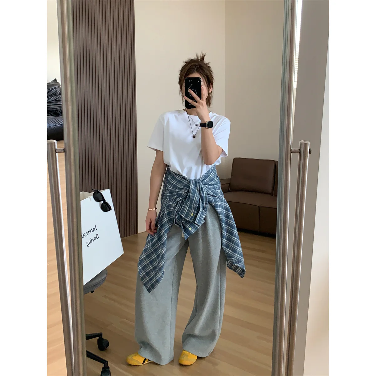 Brushed Blue Plaid Shirts For Women Spring Autumn Korean Loose And Slimming Casual Shirt