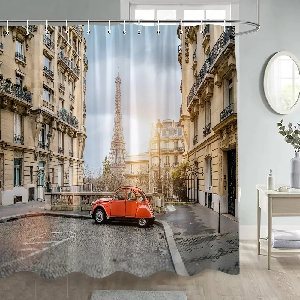 Vintage Town Shower Curtains Nature Street Architecture Black and White Paris Tower Bath Curtain Cloth Bathroom Decor with Hooks