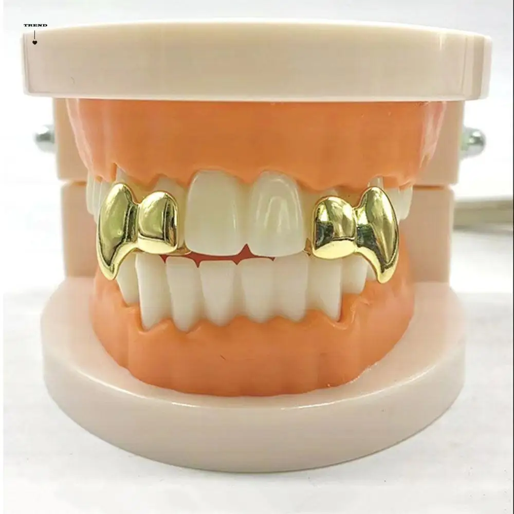 2 قطعة/المجموعة مزدوجة لامعة الهيب هوب الأسنان الشوايات الذهب الفضة اللون هالوين هدية الأسنان قبعات سحر مجوهرات بسيطة الأنياب شوايات الأسنان #1