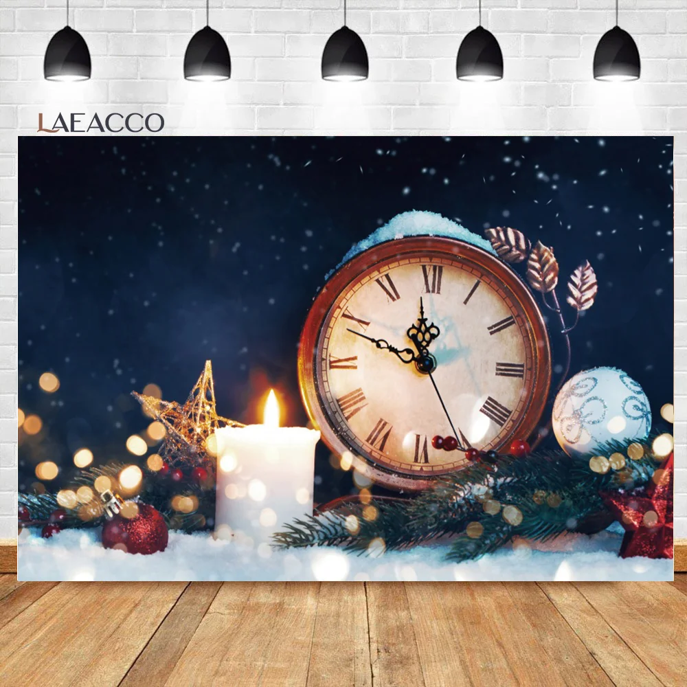 Laeacco – arrière-plan de photographie pour Studio Photo, horloge de nouvel an, fête de noël, boule d\'étoiles, arrière-plan de photographie