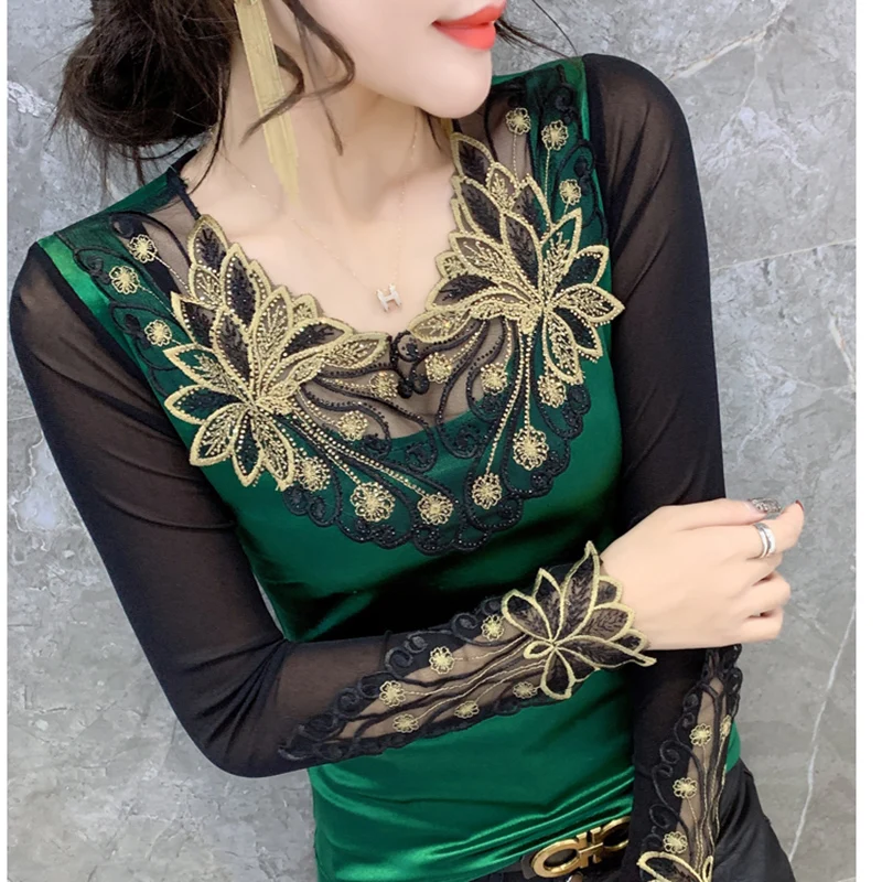 

РАСПРОДАЖА, осенняя женская футболка с длинными рукавами и круглым вырезом, модные повседневные сетчатые топы в стиле пэчворк с бриллиантами