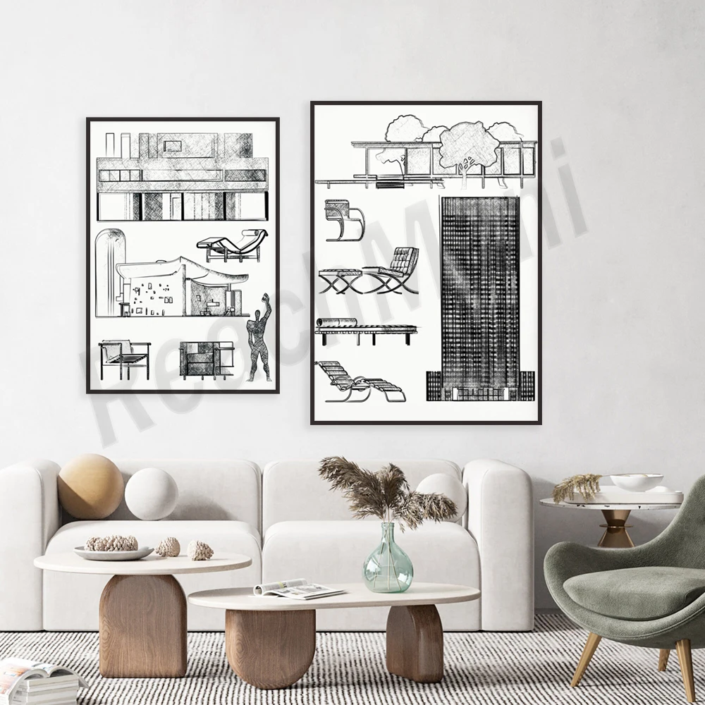مطبوعات التصميم المعماري Le Corbusier، ملصقات المعرض Louwig Mies van der Rohe، ديكور منزلي بسيط #3