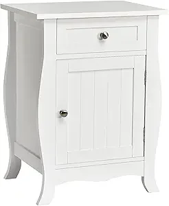 

White End Table, Wooden Nightstand with Der and Single-Door Cabinet, Metal Knobs, ern Soa Bede Table or Living Room, Bedroom, Ha