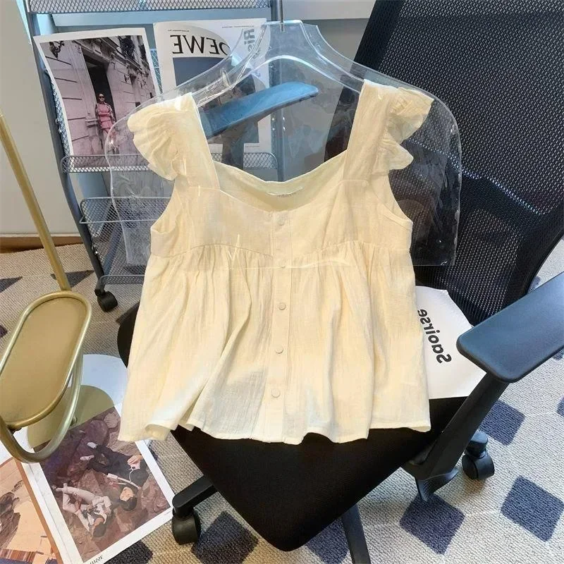 

Sweet Shirts Women Clothing Flying Sleeve Square Collar Blouses 2025 Camisas De Mujer Loose Fashion Suller Ruffles Summer Tops