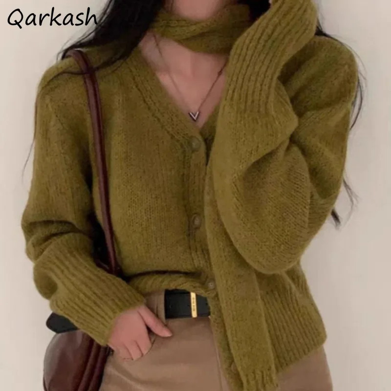 Minimalist Sets for Women V-neck Cardigans All-match Knitted Korean Style Solid Scarf Young Girls Autumn Winter Warm High Street