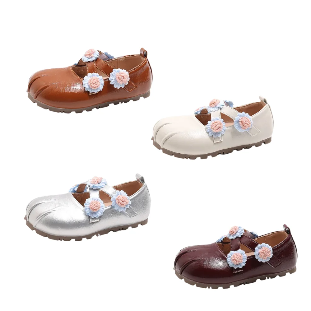 

New Spring Style Leather Shoes Girls, Fashionable Versatile Flower Princess Shoes Lace Trim, Soft Sole, Non-Slip, Square Dance