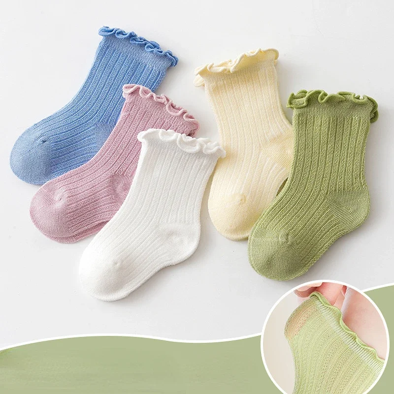 Summer Thin Baby Short Socks Mesh Class A Combed Cotton Solid Color Lace Wide Mouth Infant Children Stockings Soft and Breathy