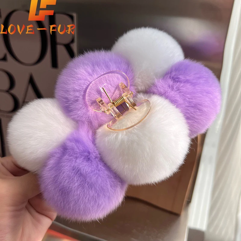 

2025 Autumn and Winter Temperament Plush Clip Shark Clip Hair Clip Headwear on the Back Large Genuine Rex Rabbit Fur Ball Clip