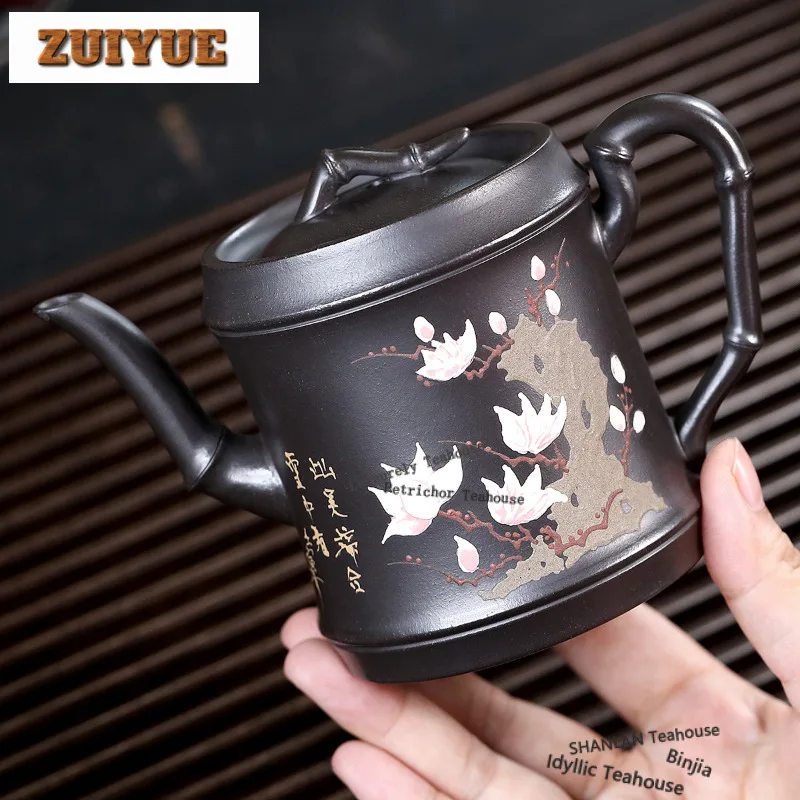 

280ml Authentic Yixing Purple Clay Teapots Master Handmade Bamboo Joint Lotus Pot Raw Ore Black Mud Kettle Zisha Tea Set Craft
