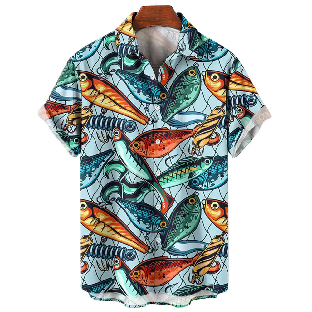 Camisa hawaiana con estampado 3D de pescado y mariscos para hombre, ropa de calle con solapa de manga corta con botones, comodidad informal, moda de verano