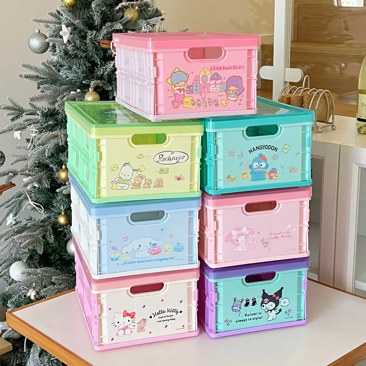 Sanrio Hellokitty Transparent printed cover desktop large stacking storage box bedroom student Folding storage box view 5