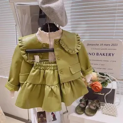 Girls Baby Peter Pan Collar Leather Outerwear Set 2023 Girls' Autumn New A-line Pu Skirt Korean Kids Fashion Two Piece Set