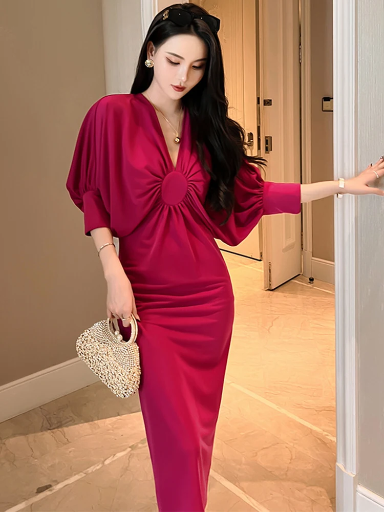 Retro Elegant Chic Maxi Dresses for Women 2023 Rose Red Black Long Dress Pleated Robe Party Office Femme Clothes Street Vestido