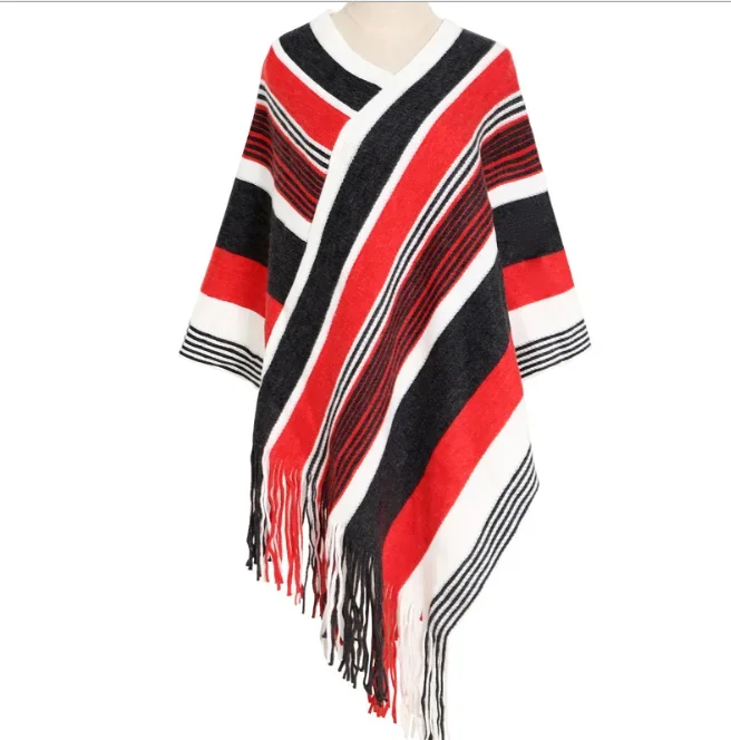 Autumn Winter Brushed Color Striped Knitted Shawl Women's Imitation Cashmere Warm Pullover Cloak Girl Outdoor Pink