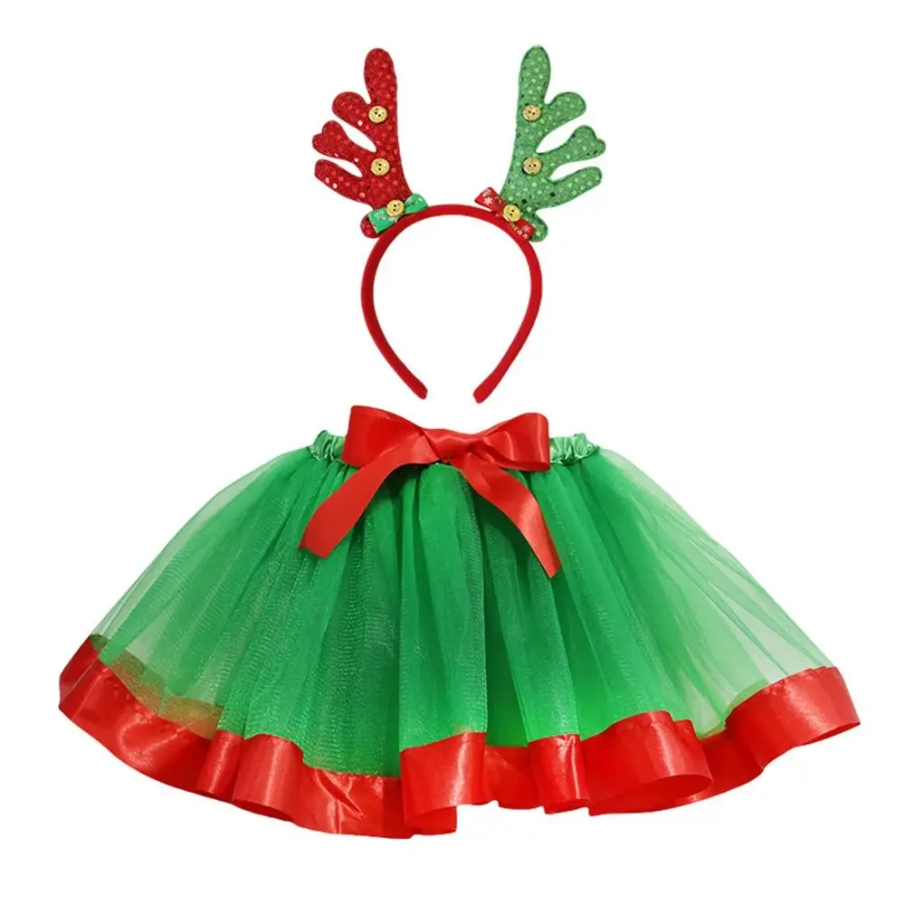With Antler Headband Christmas TUTU Skirt Set for Kids 2-Piece Set Mesh Children's Tulle Skirt Girls Performance Outfits