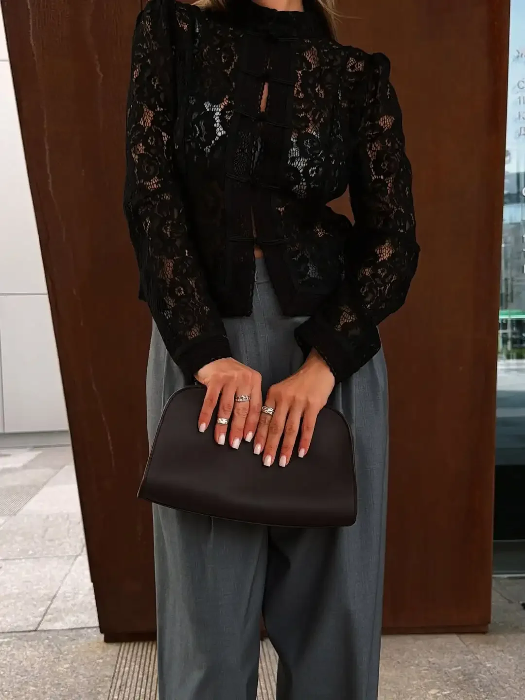 Women Black Hollow‑Out Lace Cropped  Top Stand Collar Button Front Sheer Long Sleeve  Vintage Elegant Commuter Outerwear Blouse