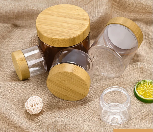 

Food frade 150g 250g 500g amber frosted 50g plastic body butter cosmetic cream jar with bamboo lid