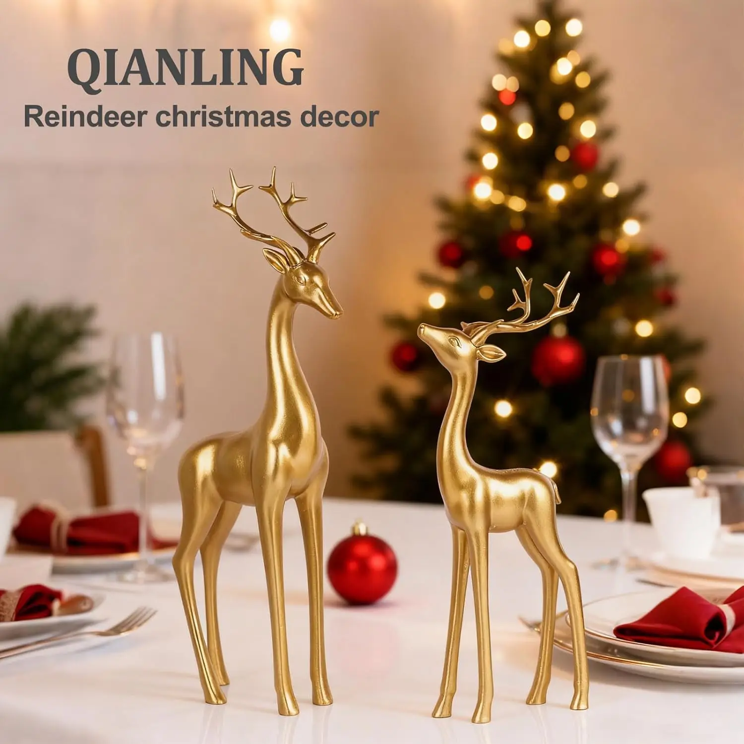 Figuras grandes de renos dorados, estatuas de ciervos de resina de 13" de alto para decoración navideña, adornos para el hogar de mesa o estante