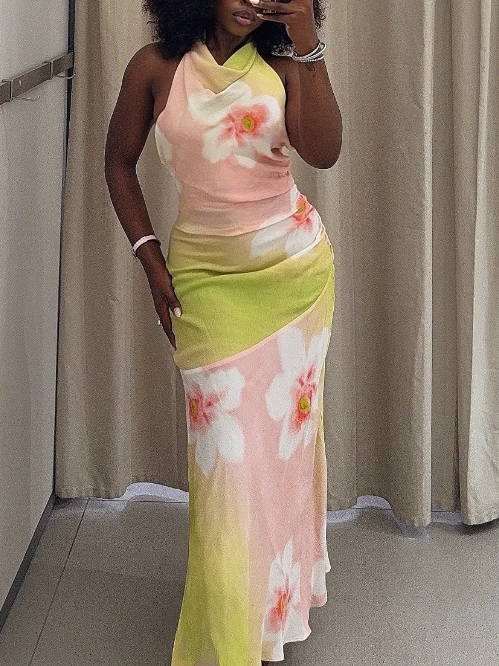 

Women's summer fashion versatile backless floral print midi dress chic party sexy backless beach ankle length dress