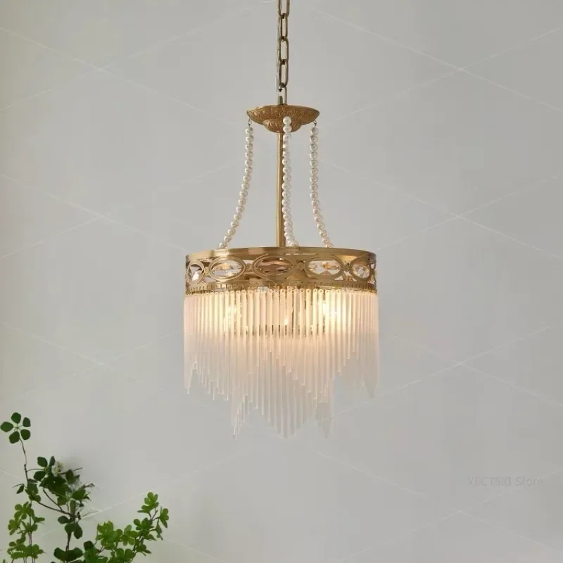 

GHJUYIOL French tassel living room pendant light, American retro bedroom light, luxurious and atmospheric glass dining room ligh