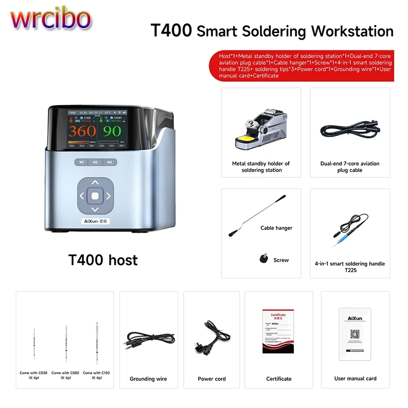 

Паяльная станция AiXun T400 320 Вт, ручка T225, 7 ядер, с 3 насадками для пайки, профессиональная ремонтная сварочная рабочая станция