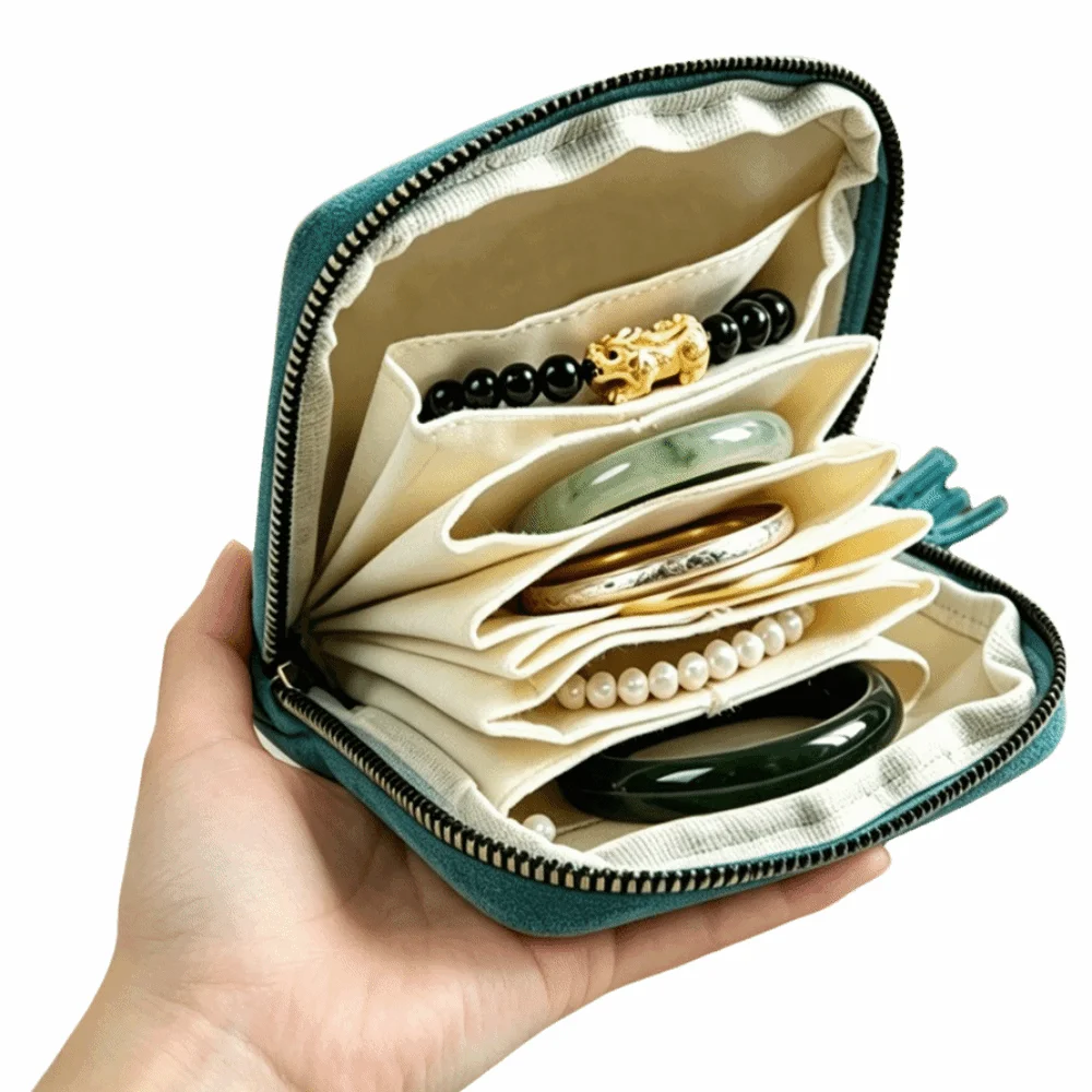 Velvet Jewelry Organizer Bag Zipper Closure Tassel Pull Jewelry Storage Pouch Compact Satin Lining Travel Jewelry Case