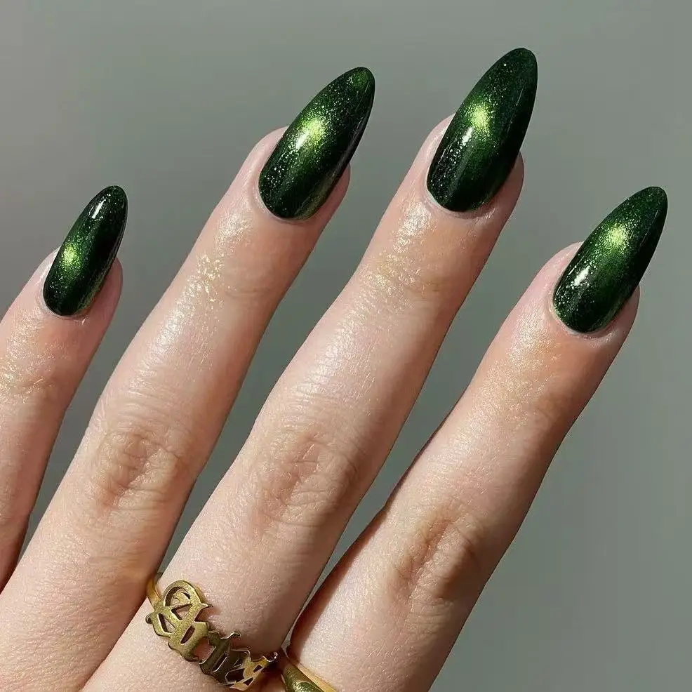 Colorful Shiny Cat's Eyes Fake Nails Detachable Charm Press on Nails Short Square Wearable False Nails Tips for Women and Girls image 5