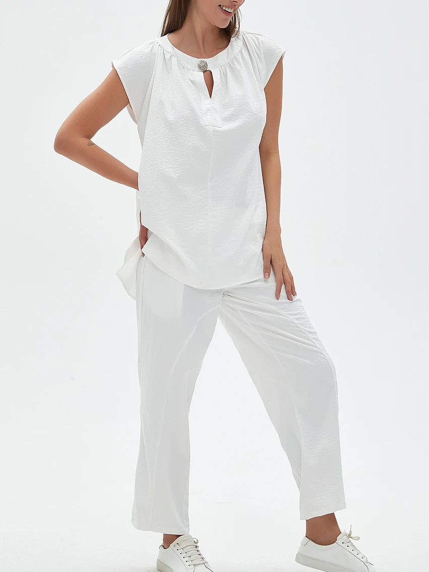 

Parc Fee Summer Loose White 2 Pieces Set Woman 2025 Fashion Sleeveless Shirt With High Waist Pencil Pants Set Female Streetwear