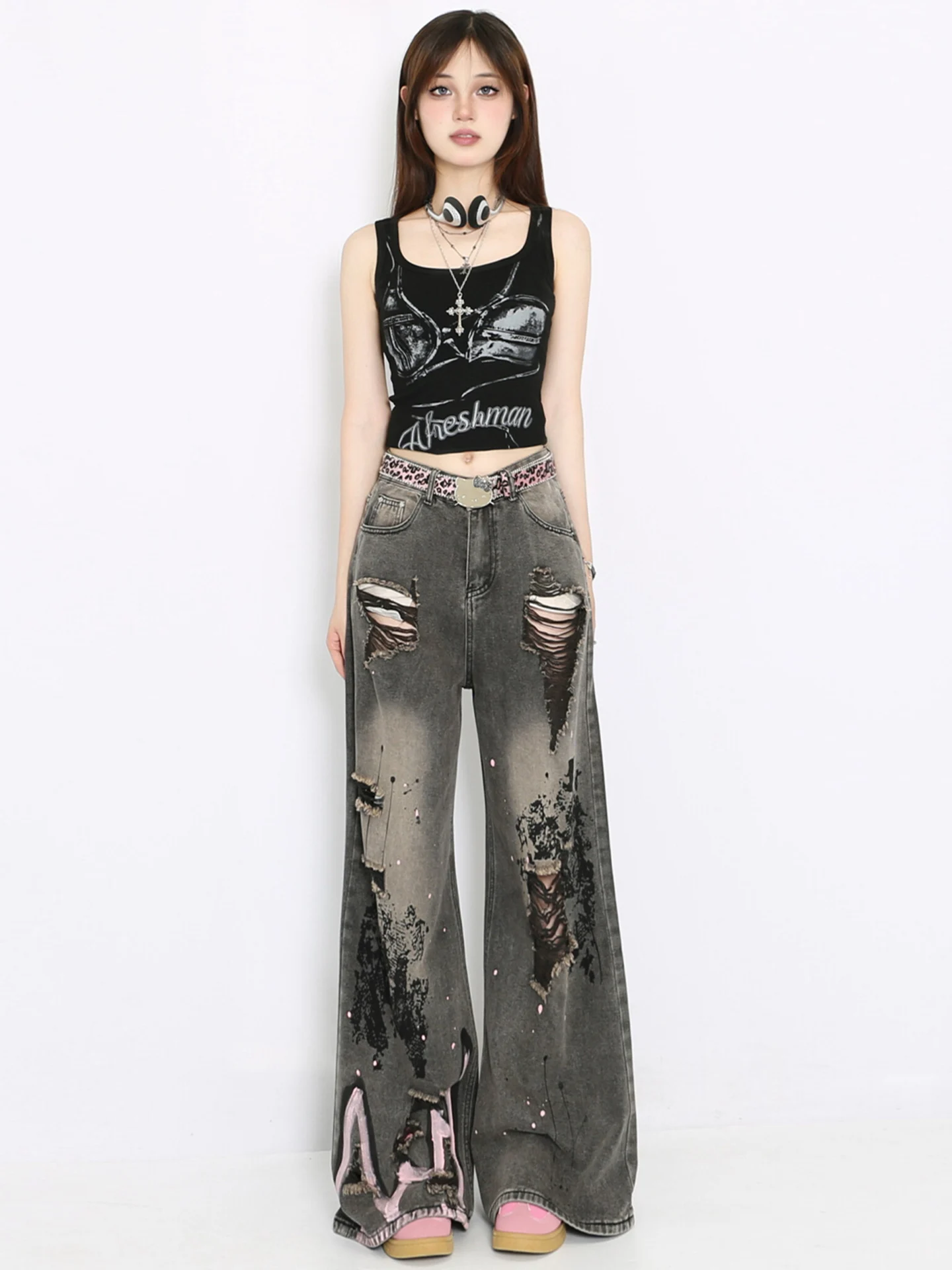 American Sle été ample mince fiti trou taille haute haute rue jambe droite jean femmes jambe large longueur au sol pantalon