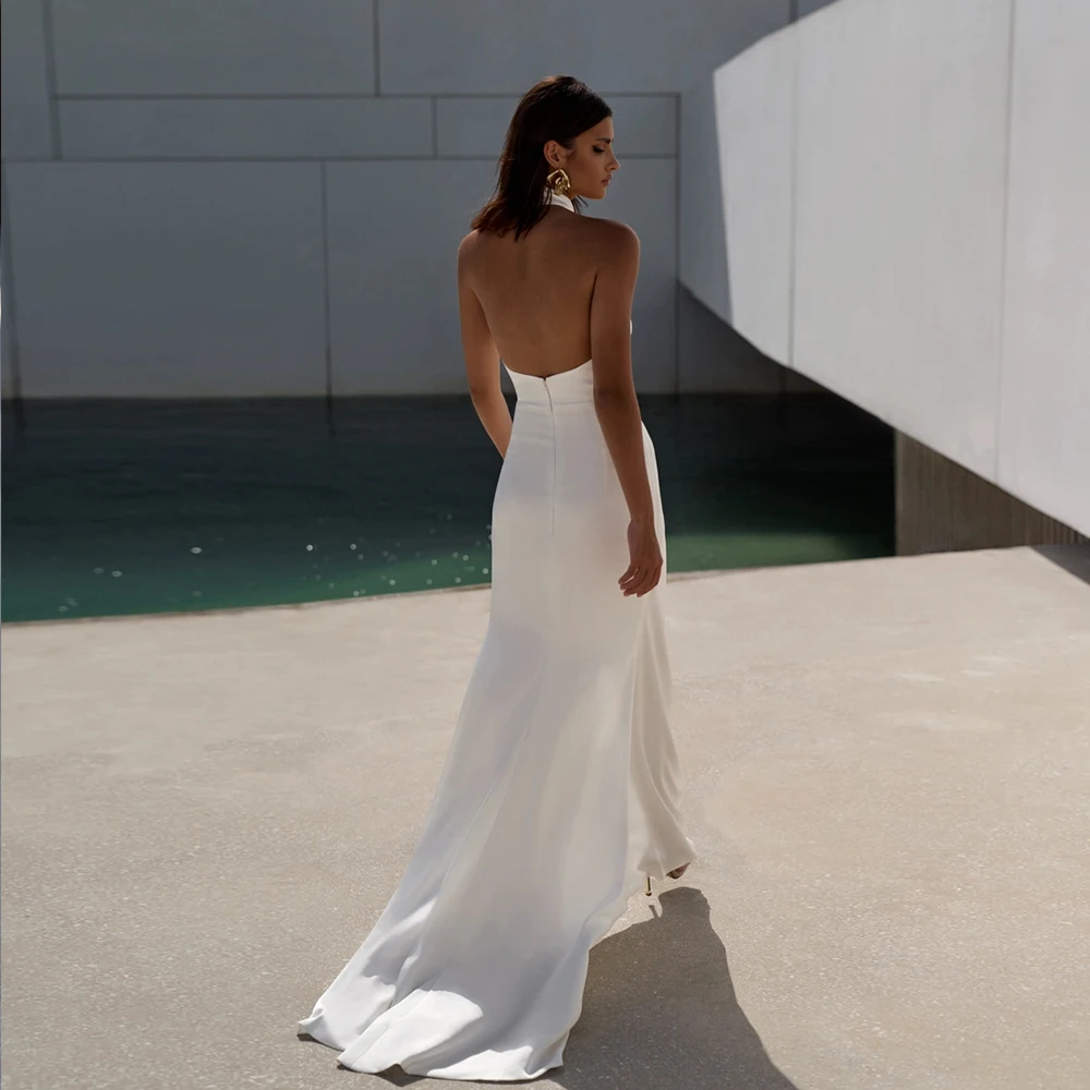 Simple Halter Wedding Dresses With Satin For Woman Sexy Open Back Sleeveless Side Silt 2024 New Bridal Gowns With Court Train