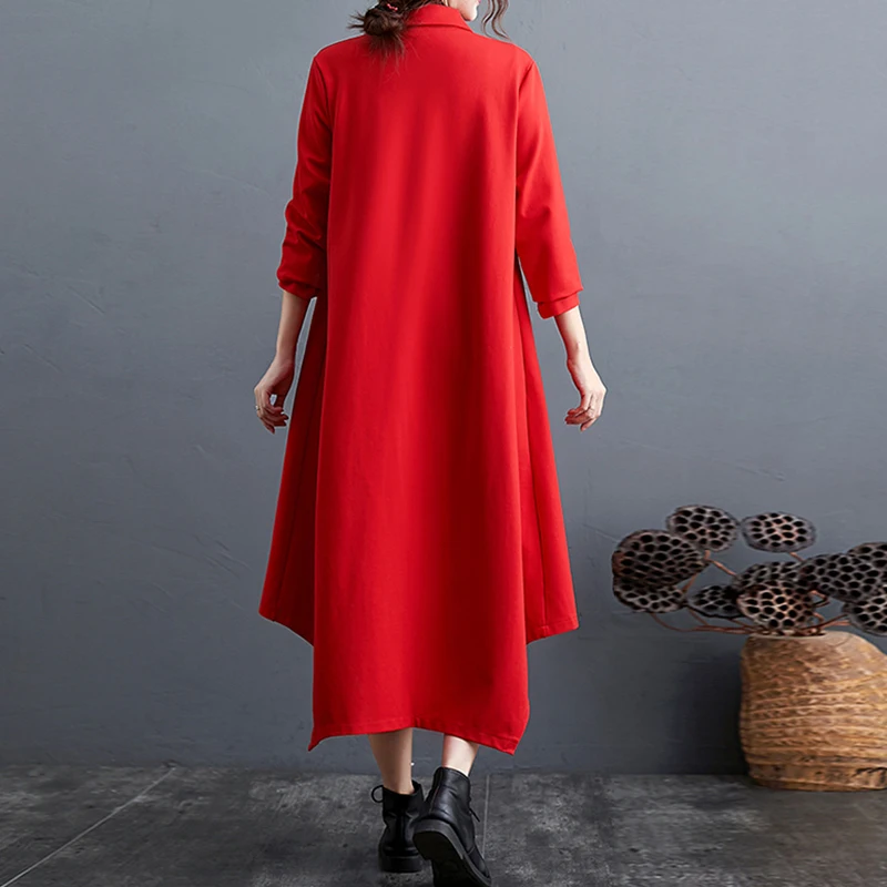 ピュアカラーAラインコットンポリエステルウィンドブレーカージャケットプラスサイズレディースロングスリーブターンダウンカラーボタン付きミッドレングスダブル...