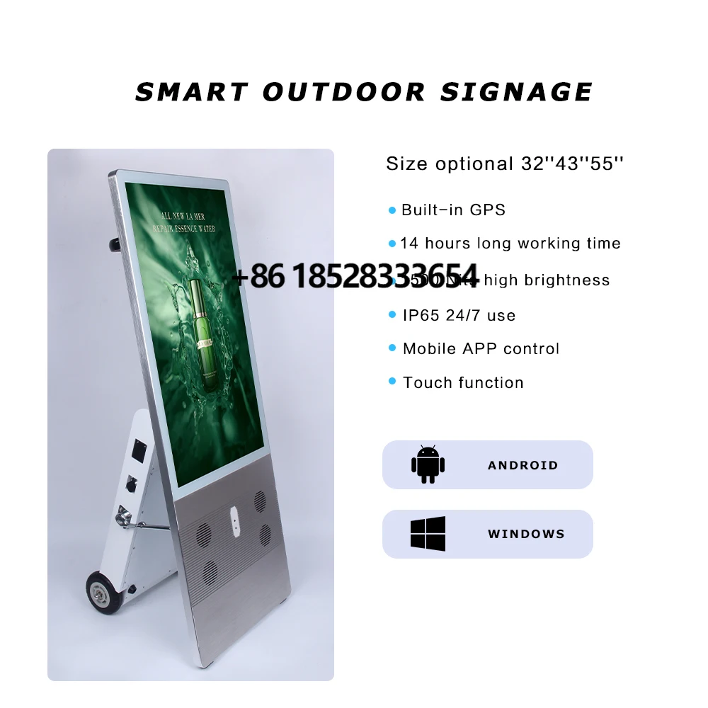 

32 inch 43 inch 49 inch outdoor waterproof IP65 portable kiosk with wheels advertisement totem digital signage screen