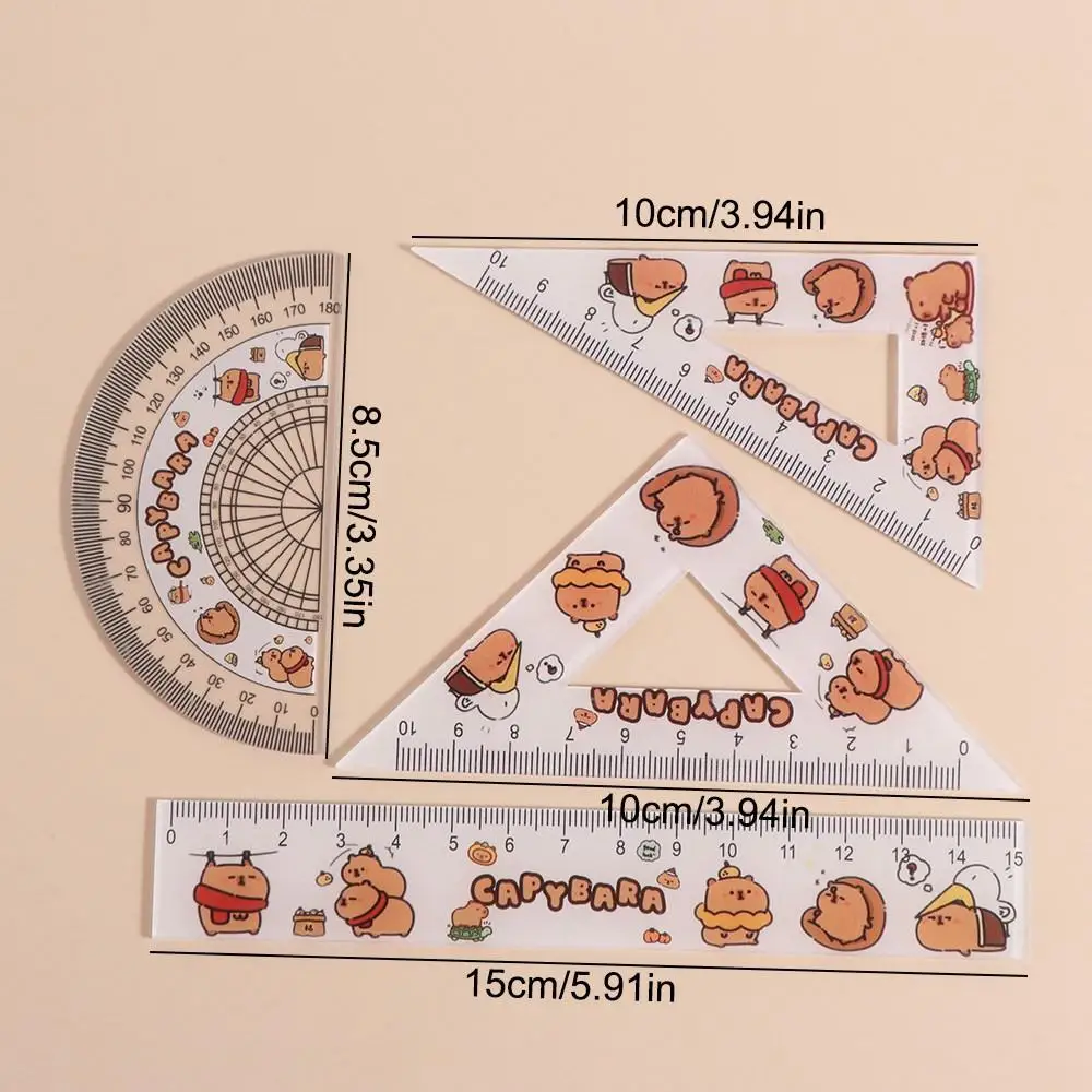 Creative Ruler Four-piece Set Cute Cartoon Triangle Protractor Set Stationery Acrylic Capybara Pattern Ruler Set Kids Gifts