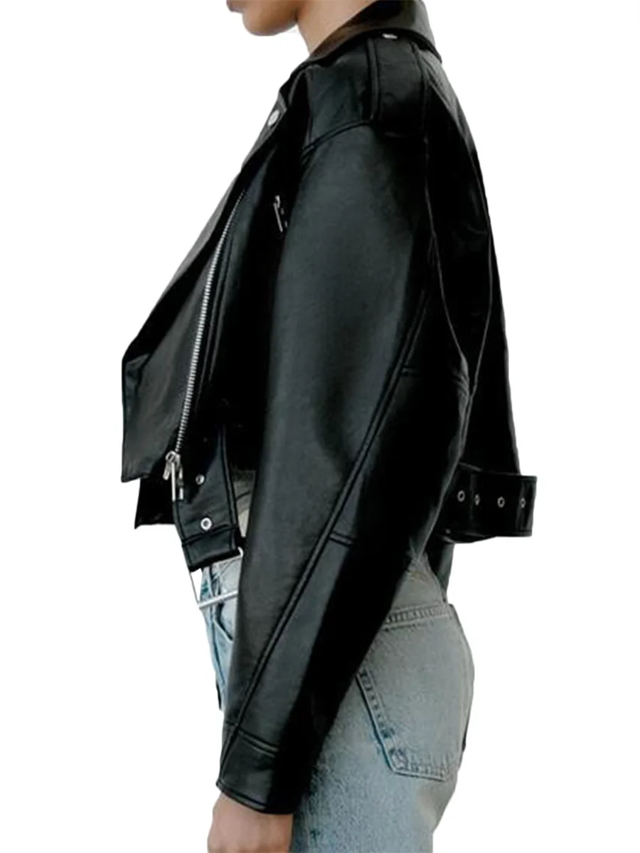 Women Black Faux PU Leather Jacket Casual Lady Lapel Zipper Belt Short Leather Jacket Vintage High Street Motorcycle Biker Coat