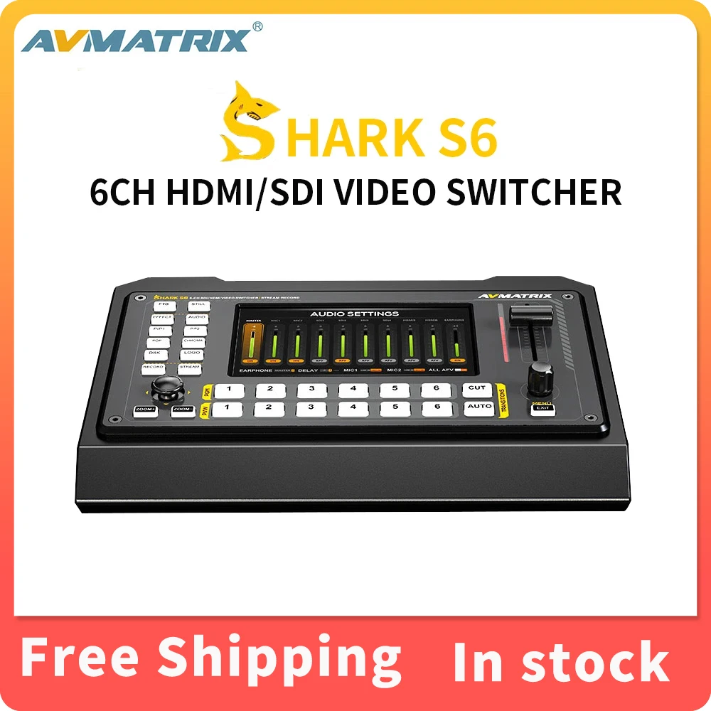 

Avmatrix SHARK S6 6CH SDI Inputs Multi-Format Streaming Video Switcher With 5-inch HD Display,Audio Mixer,USK&DSK