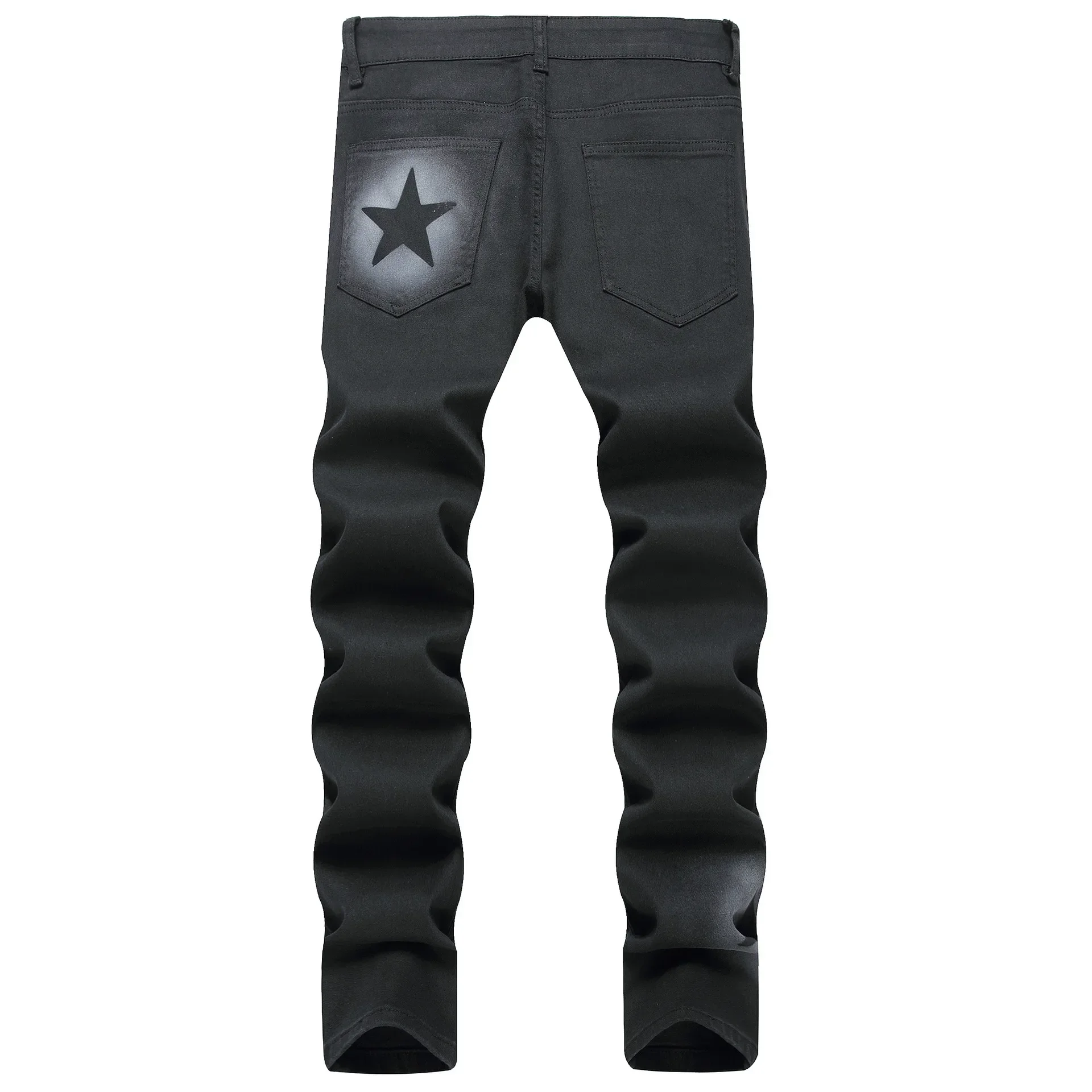 American Hip Hop Men's Jeans High Street Personality Hand-painted Star Slim Jeans Y2k Causal Stretch Washed Black Straight Jeans