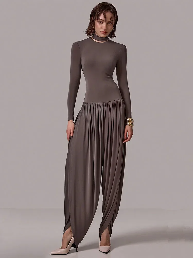 

Mozision Long Sleeve Draped Sexy Jumpsuit Women Overalls Autumn Winter New Patchwork Solid Turtleneck High Waist Slim Jumpsuis