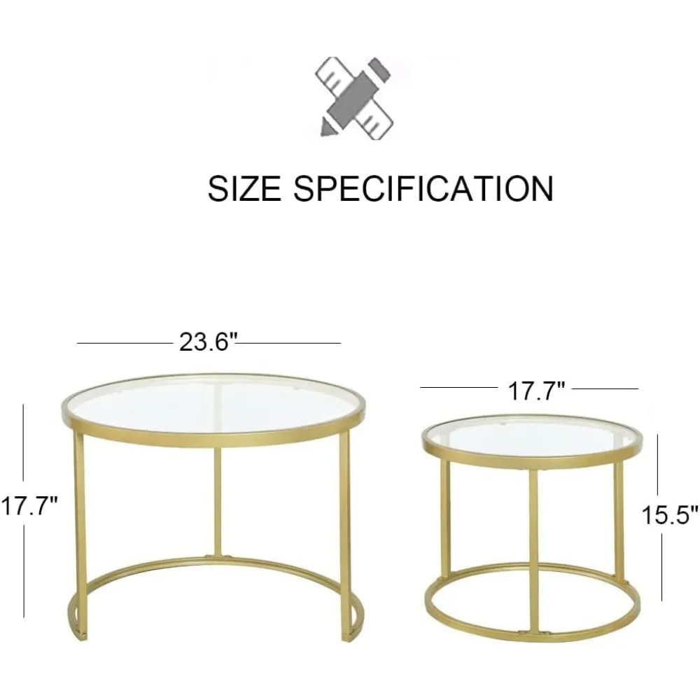 Gold Nesting Coffee Table Set of 2, Small Glass Nesting Tables for Living Room Bedroom, Accent Tea Table with Metal Frame