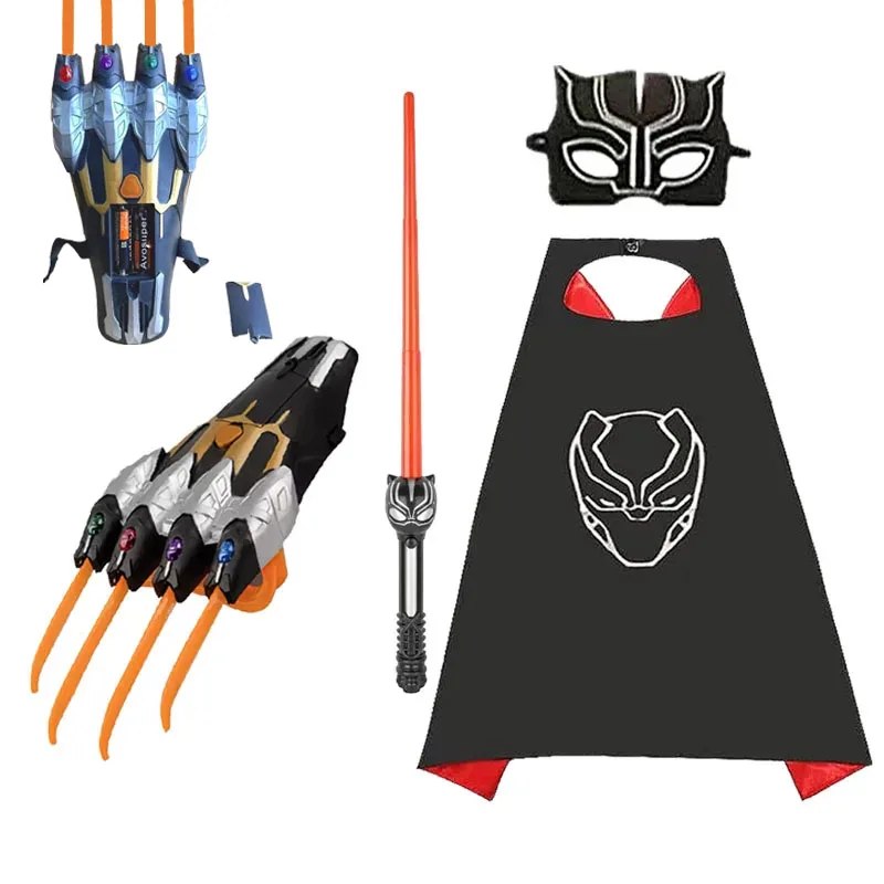 Conjunto de capa de máscara de super-herói, brinquedos de garra de espada de luz retrátil pantera negra, suprimentos de decoração de festa de aniversário, presentes de feriado para meninos