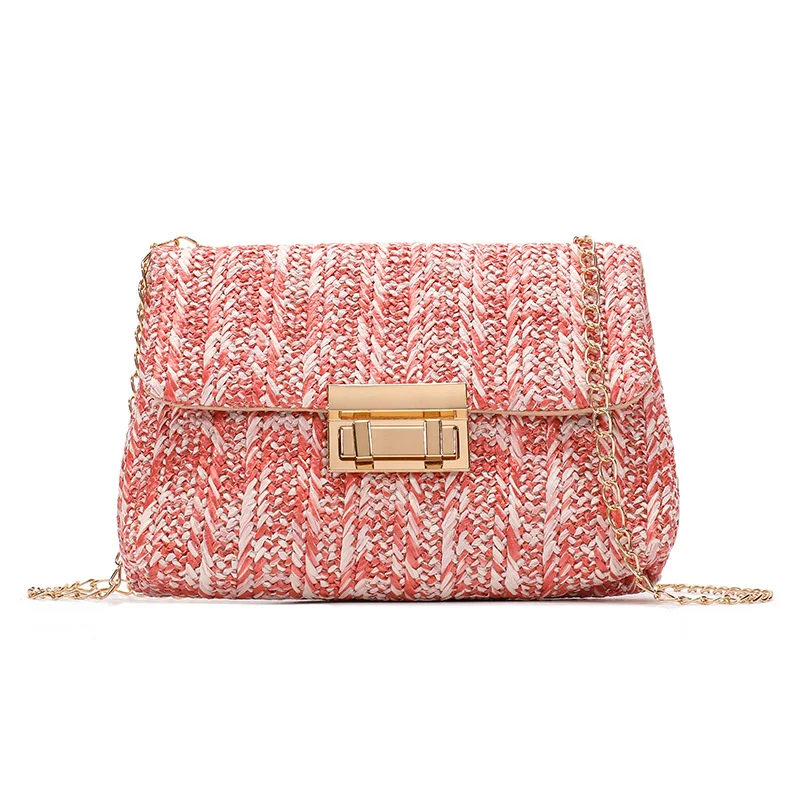 Women Summer Beach Rainbow Stripe Woven Straw Crossbody Shoulder Bag Front Flap Turn-Lock Chain Boho Vacation Small Size Purse view 3