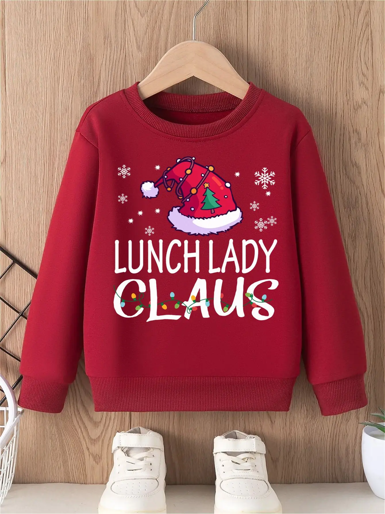 

Christmas Girls' Hoodless Sweatshirt with Christmas Tree, Snowflakes, and Fairy Lights Soft and Comfortable Round Neck Top